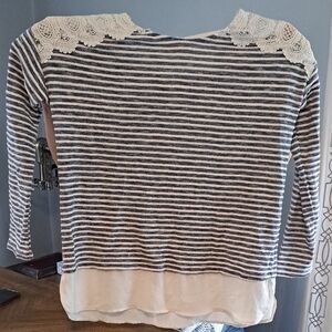 Style & Co. Navy Striped Lace Accent Blouse